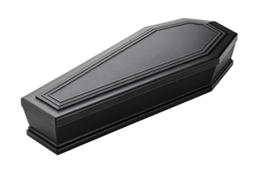 A sleek black coffin with a minimalist, trapezoidal design and layered detailing on the lid, exuding simplicity and modern elegance, isolated on a transparent background