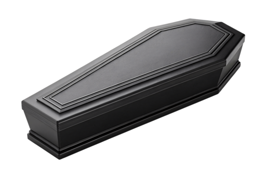 A sleek black coffin with a minimalist, trapezoidal design and layered detailing on the lid, exuding simplicity and modern elegance, isolated on a transparent background