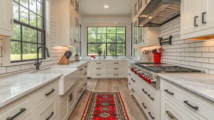 Bright farmhouse kitchen with white cabinets, marble counters, and red rug.