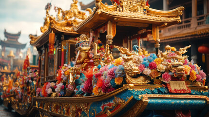 Fototapeta premium Vibrant Chinese New Year Parade Floats China Festive Display Urban Setting Close-up View Cultural Celebration