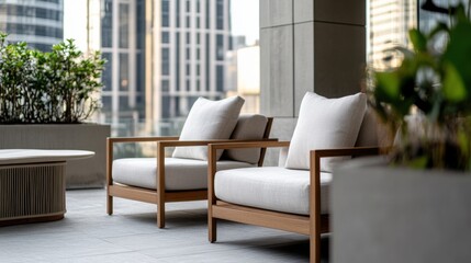 Minimalist modern outdoor lounge with clean, stylish design. Featuring neutral tones and sleek furniture