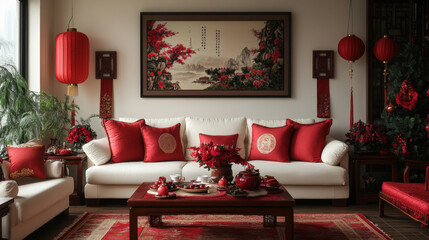 A cozy living room decorated in rich red tones, featuring elegant furnishings, decorative pillows, and traditional art, creating a warm and inviting atmosphere.