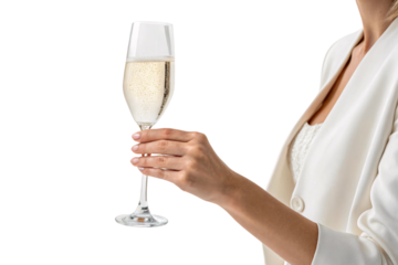 A woman in a white ensemble holds a tall champagne flute with effervescent bubbles, embodying minimalistic style and refinement, isolated on a transparent background