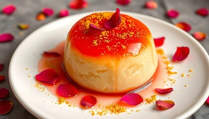 Elegant Creamy Dessert Topped With Red Glaze And Rose Petals