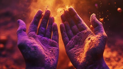 Hands covered in vibrant Holi powder in shades of purple and orange against a fiery background, symbolizing celebration and cultural joy
