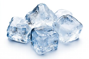Obraz premium Glimmering Ice Cubes Piled Together on a White Background, Perfect for Refreshing Beverage Concepts and Cooling Drinks in Various Culinary Images