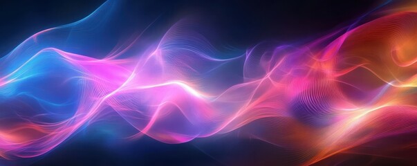 Obraz premium Abstract digital art with vibrant colors, featuring flowing patterns of light in shades of pink and purple against a dark background Modern and dynamic concept for tech visuals