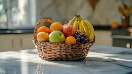 Wicker basket with fruit on kitchen counter.