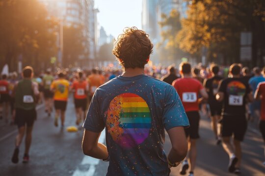 Young man wearing rainbow symbol t-shirt running in marathon, supporting lgbt community and equal rights