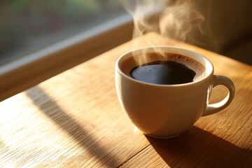 Obraz premium A sharp closeup of a steaming cup of coffee on a wooden table in a cozy environment captured with natural light for an inviting morning vibe