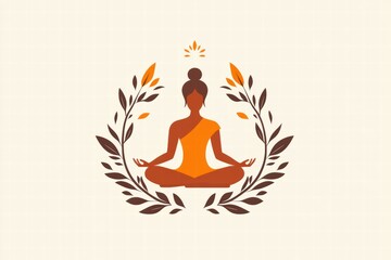 Serene Meditation Illustration Depicting a Buddha-Like Figure Surrounded by Elegant Leaves and Warm Tones for Wellness and Mindfulness Themes