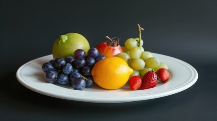 Exotic fruit arrangement on a glossy white plate