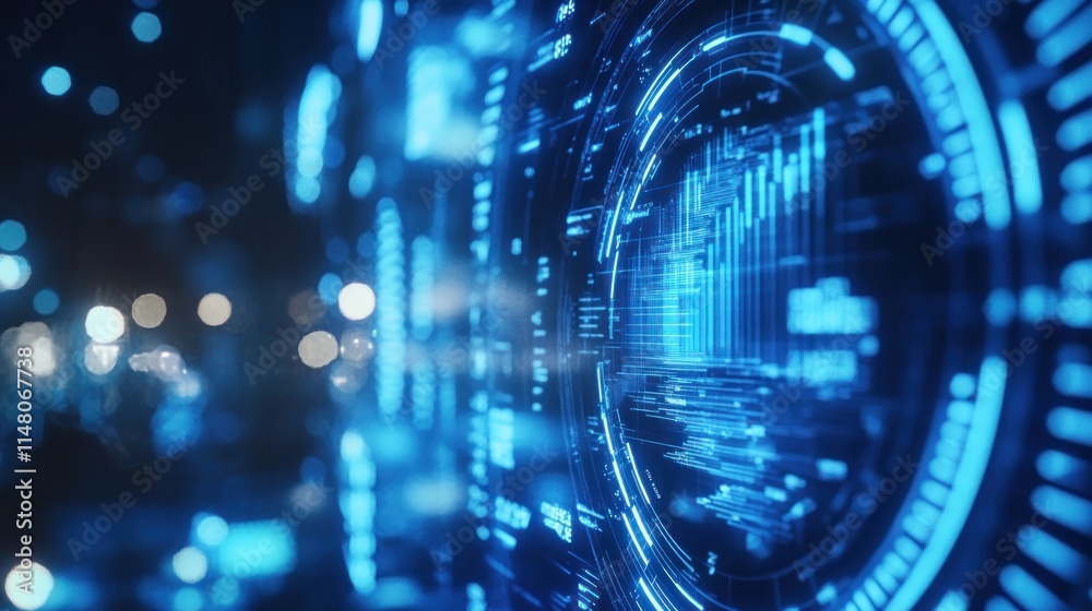 Aufkleber Digital blue futuristic data interface with glowing circular patterns.