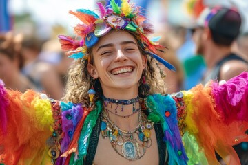 Fototapeta premium Young woman with colorful costume and headdress smiles broadly while enjoying a music festival