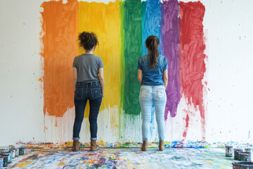 Obraz premium Two female artists are standing back, admiring the vibrant rainbow mural they have just painted on a white wall