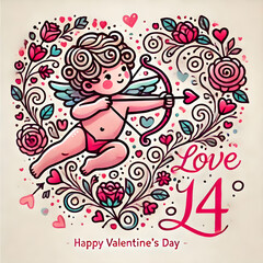 Obraz premium Cupid aiming with bow and arrow inside floral heart for Valentine's Day
