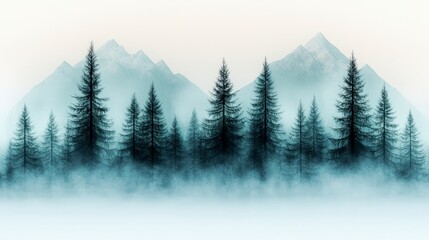 Fototapeta premium Misty Mountain Forest Serene Winter Landscape Coniferous Trees Fog Peaks