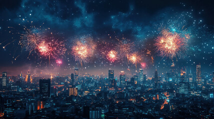 Obraz premium A vibrant night skyline illuminated by colorful fireworks, showcasing a festive atmosphere in an urban setting.
