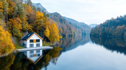Fototapeta premium Modern house on lake, autumn foliage reflection.