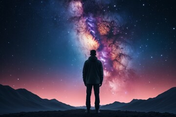 Fototapeta premium starry sky with a man standing on a hill looking at the stars