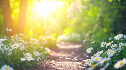 Obraz premium Bright Sunlight Shining Through Trees Along Flower-Laden Path in Serene Nature Scene