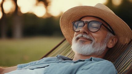 Relaxed man enjoying peaceful moment outdoors, wearing glasses and straw hat. warm sunlight creates serene atmosphere, perfect for unwinding in nature.