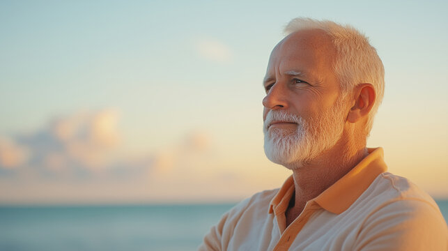 thoughtful older man gazes at horizon during sunset, reflecting on life. warm colors of sky create serene atmosphere.