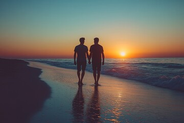 Two men holding hands are walking on the beach at sunset