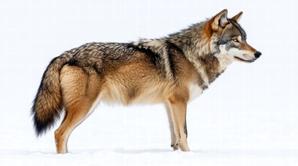 Naklejka premium Majestic Wolf Standing in Snowy Landscape, Showcasing Natural Elegance and Poise in a Winter Wonderland, Captured in Stunning Detail