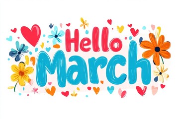 Bright and Cheerful "Hello March" Artwork with Colorful Flowers and Hearts Perfect for Welcoming Spring Season and Celebrating New Beginnings