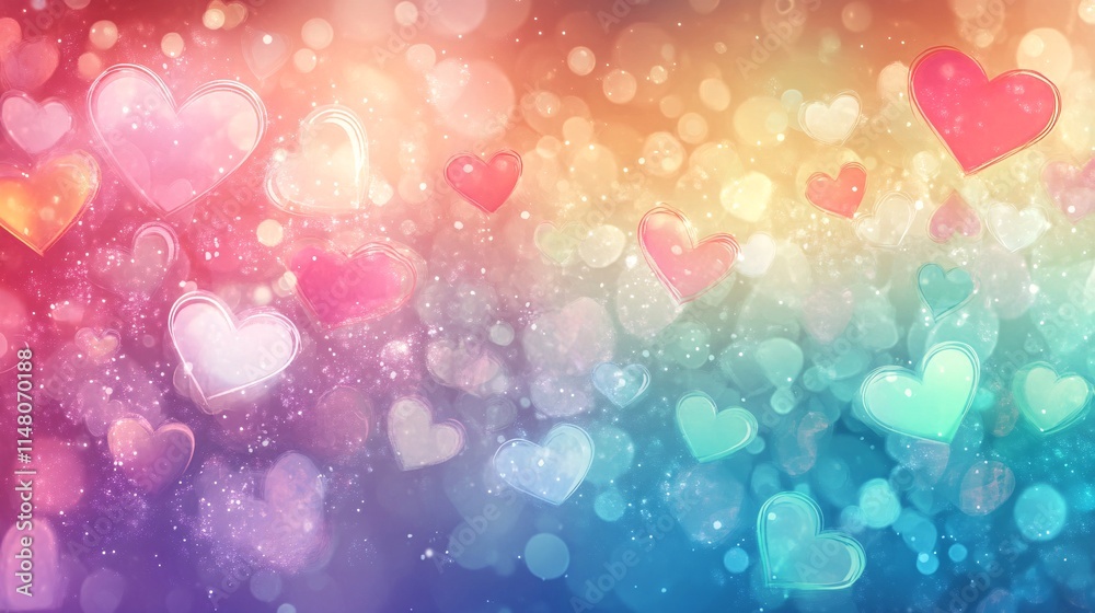 Aufkleber Colorful Heart Shapes with Bokeh Effect in Vibrant Soft Gradient Background