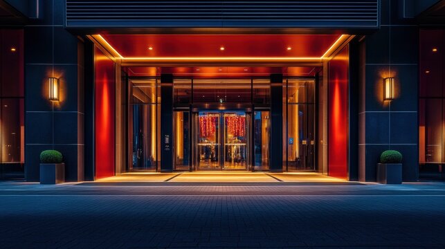 Modern Building Entrance Nighttime Luxury Hotel Lobby Design