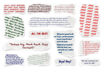 Ripped paper strips with handwritten text. Realistic crumpled paper scraps with torn edges. Shreds of notebook, book or old newspaper pages. Trendy collage elements. Vector illustration