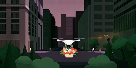 Obraz premium Futuristic drone delivering flowers in an urban landscape