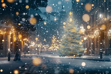 Christmas and New Year holidays background. Christmas tree on the street at night