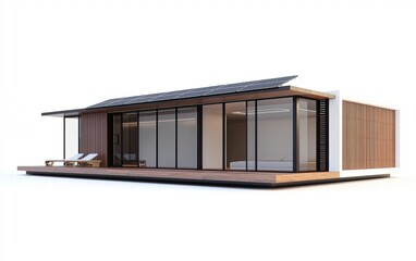 A single modern house with sleek solar panels, isolated on a pure white background