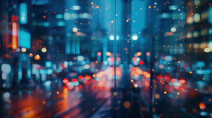 Fototapeta premium Colorful City Nightscape with Abstract Light Bokeh Reflections - Vibrant Urban Mood for Backgrounds and Designs, Photograph.