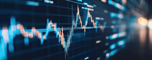 stock market and fintech forex concept with blurry blue digital charts on dark blue background, highlighting financial data analysis and technology