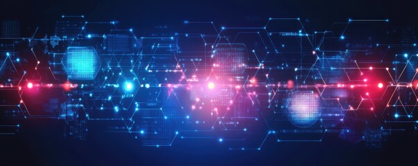Abstract digital data background with interconnected binary code patterns, futuristic network structure, and glowing technology elements representing information flow and data analytics