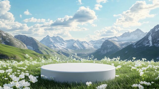 White podium on meadow field with blurred mountains background