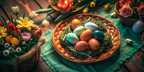 Fototapeta premium Festive Easter Table with Pastel Eggs and Spring Flowers. The table is decorated with a rustic wicker brown basket and a table runner.