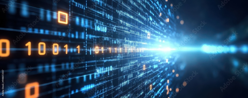 Leinwandbilder Abstract digital data background with interconnected binary code patterns, futuristic network structure, and glowing technology elements representing information flow and data analytics