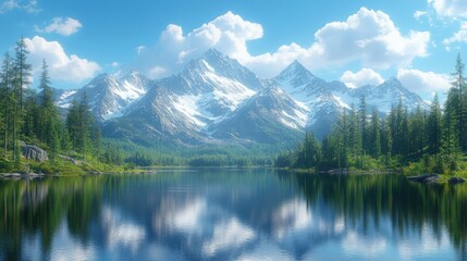 Serene mountain lake reflects snow-capped peaks.