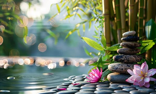 Serene zen garden with stacked stones, bamboo, and pink lotus on water