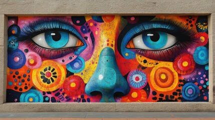 Fototapeta premium Vibrant colorful mural, large eyes, abstract face.