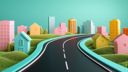 A colorful, whimsical landscape featuring various stylized houses and a winding road against a vibrant backdrop.