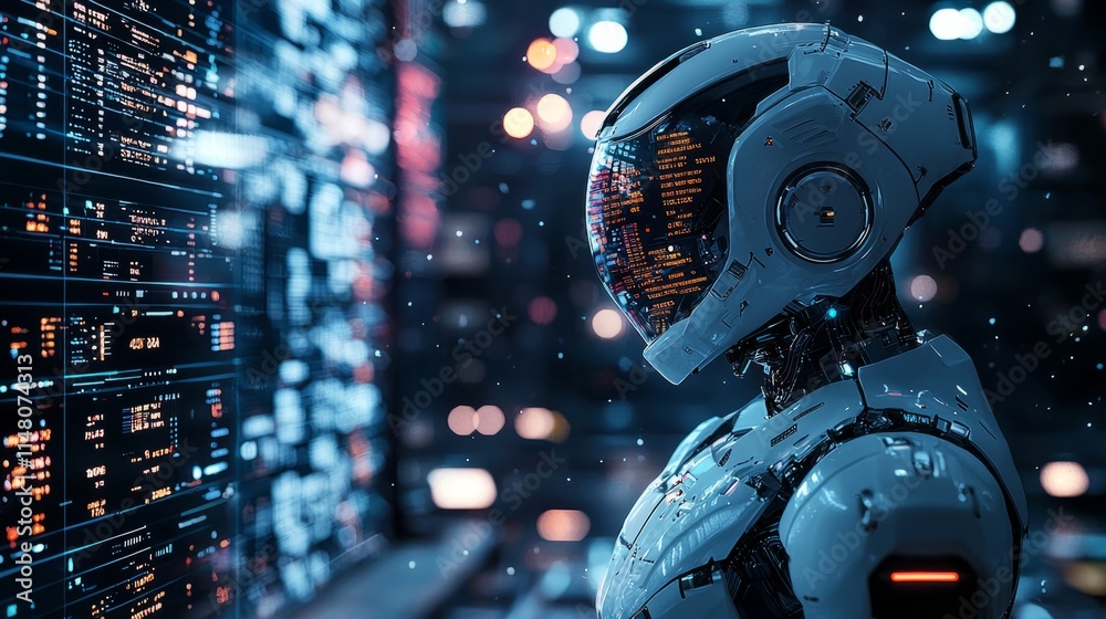 Poster a sleek robotic figure analyzes vibrant data displays in a high-tech trading facility, reflecting th