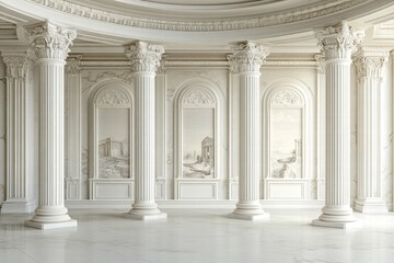 Elegant classic interior of a grand hall with ornate columns, detailed frescoes, and a serene atmosphere created by creamy tones and soft lighting