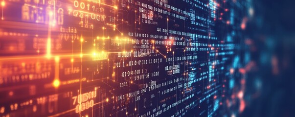 Obraz premium Abstract digital data background with interconnected binary code patterns, futuristic network structure, and glowing technology elements representing information flow and data analytics