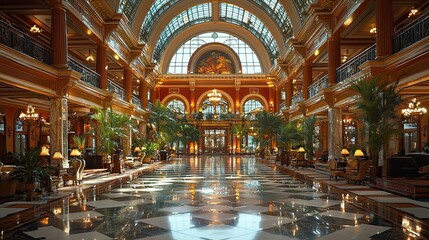 Obraz premium Elegant hotel lobby with marble floors, tall ceilings, and lush plants.